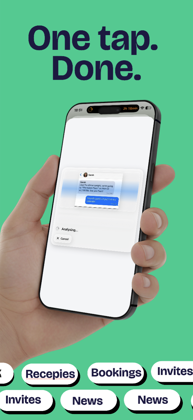NoteShot showing a screenshot being analyzed into an actionable card.