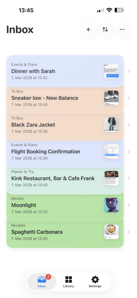 NoteShot inbox showing categorized cards for plans, products, places, movies, and recipes.