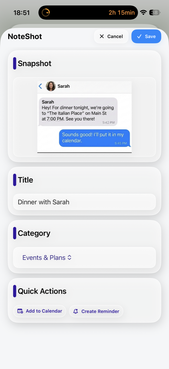 NoteShot snapshot screen showing Dinner with Sarah, category selection, and quick action buttons.